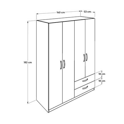 Bodrum 4 Kapaklı 2 Çekmeceli Gardırop-Meşe-Mat Beyaz 140x182x53 cm (GxYxD) - 8