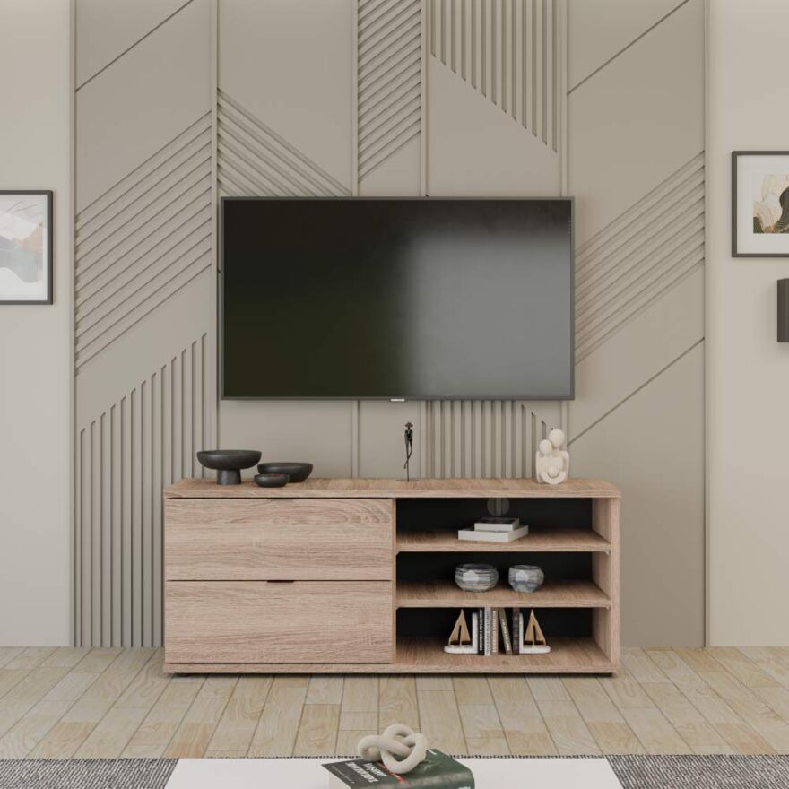 Flat Line Plus İki Çekmeceli Üç Bölmeli Tv Sehpası-Latte 120x48x35 cm (GxYxD) - 1