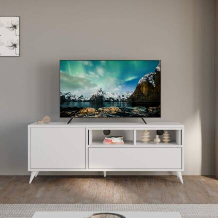 Retro Wide Tv Sehpası - Mat Lake Beyaz 150x53x40 cm (GxYxD) 