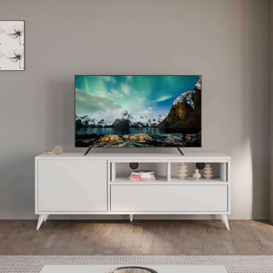 Retro Wide Tv Sehpası - Mat Lake Beyaz 150x53x40 cm (GxYxD) - 1